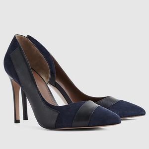 Reiss Navy suede and black leather cross point pumps NWT